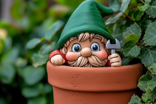 A detailed photo of a mischievous gnome peeking out of a flower pot, with a playful smile and tiny tools in hand