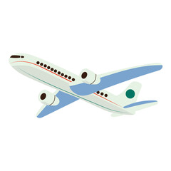 a white and blue airplane in flight with curved wings, engines, and windows, representing travel, aviation, and exploration.