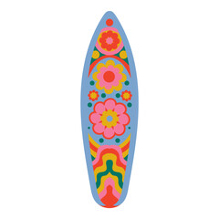 a surfboard with colorful, intricate floral patterns in pink, yellow, red, green, and blue, creating a vibrant and artistic design.