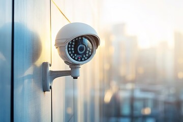 Security camera on building wall, urban backdrop, sunset light