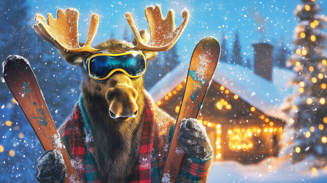 Lustige Weihnachtskarte Motiv Weihnachten mit Tier Skibrille Eisb&auml;r, Fuchs, Rehntier, Elch, Pinguin cool mit Platz f&uuml;r Text isoliert Generative AI