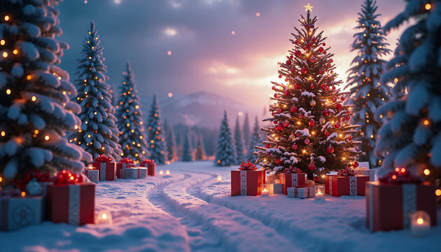 Winter landscape with Christmas trees decorated with garlands and presents in snow. Romantic atmosphere with sunset. Christmas and New Year's Eve