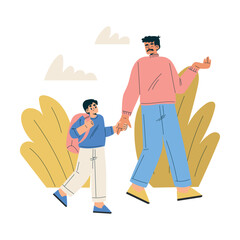 Boy Schoolkid Character Going to School with Dad Vector Illustration