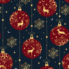 Winter seamless pattern with red christmas balls, deers, herbs on blue background. Gold colors. Perfect for holiday invitations, winter greeting cards, wallpaper.