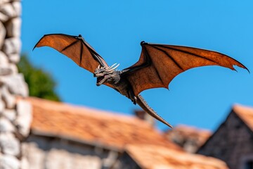 A dragon flying over a medieval city, its shadow casting across the cobblestone streets as villagers look up in awe
