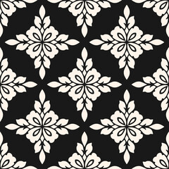Black and white floral ornament. Simple elegant seamless pattern with abstract flower silhouettes, foliage, repeat tiles. Luxury vector background in damask, oriental style. Stylish monochrome design