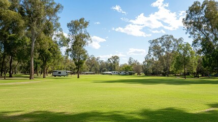 Scenic Open Green Field with Clear Blue Sky and Trees in Background