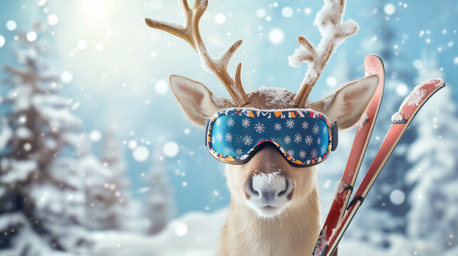 Lustige Weihnachtskarte Motiv Weihnachten mit Tier Skibrille Eisb&auml;r, Fuchs, Rehntier, Elch, Pinguin cool mit Platz f&uuml;r Text isoliert Generative AI