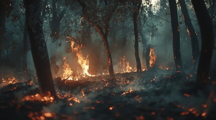 Wildfire spreads rapidly through forest dramatic scene captured nature's fury smoke-filled environment low angle view ecological crisis