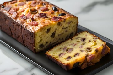 A French cake aux olives with lardons, sliced to reveal a moist yellow crumb with olives and lardons, on a dark plate, marble countertop