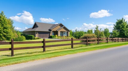 Obraz premium Beautiful suburban home with well-maintained garden and fence under blue sky