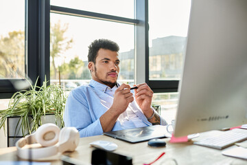 Handsome man deep in thought at a sleek desk, engaging with his computer in a bright office.