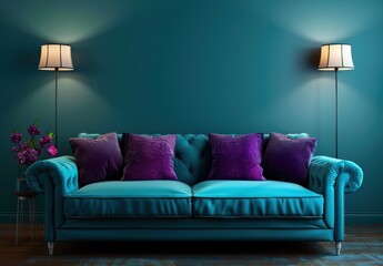 Teal velvet sofa with purple pillows in a living room with two lamps