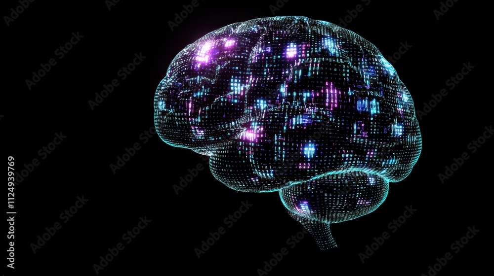 Fototapete a digital brain made of glowing blue and purple grids and binary code, designed for futuristic theme