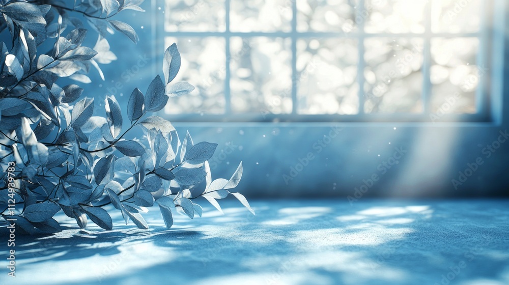 Poster a tranquil setting filled with soft blue hues, where gentle rays of sunlight dance through a window,