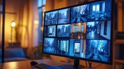 Wide monitor displaying security camera feeds in blue tone