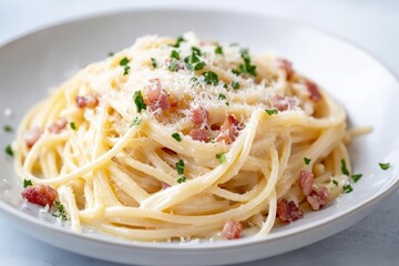  Classic Spaghetti Carbonara with Crispy Bacon, Parmesan Cheese, and Creamy Sauce