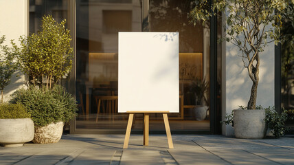 blank white poster on an easel outside the entrance to a modern store.