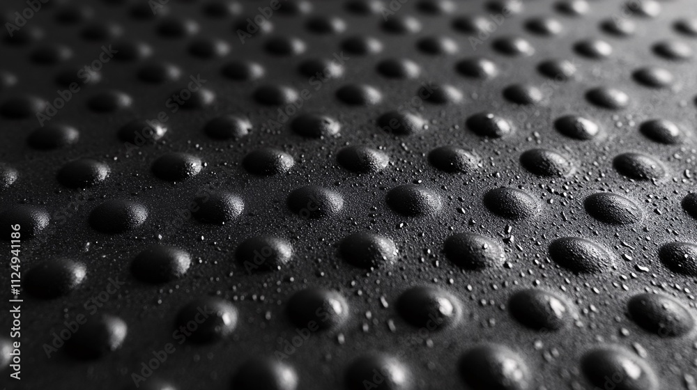 Poster Water droplets resting on textured black surface creating repeating pattern