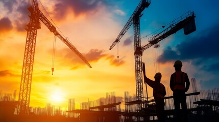 Construction workers overseeing tower crane operations at sunset urban environment industrial scene professional perspective for seo impact