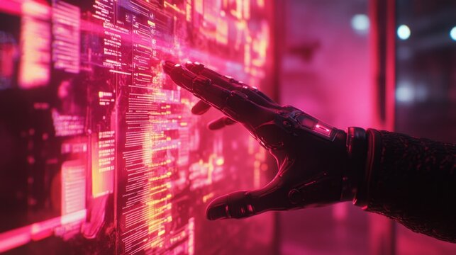 Futuristic technology interaction urban setting digital art neon environment close-up viewpoint cybernetic exploration