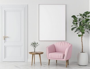 A pink armchair sits next to a wooden table with a vase and greenery. in front of a large white frame with a white door to the left and a large potted plant to the right