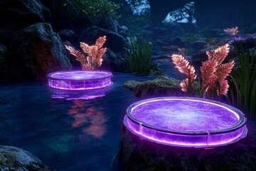 A futuristic depiction of a dwarf animal habitat, with glowing enclosures and tiny robotic creatures coexisting in harmony