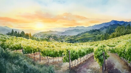 Obraz premium Sunset over vineyard, rolling hills, picturesque landscape.