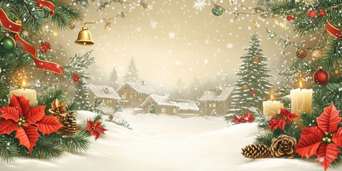 Christmas Tree Scene with Holiday Decorations, Snowy Landscape, and Wreath, for Marketing Campaigns or Personal Celebrations