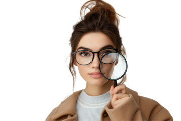 Woman looking through magnifying glass amazed and impressed.