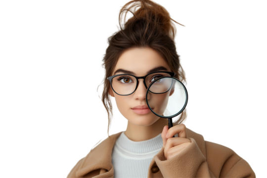 Woman looking through magnifying glass amazed and impressed.