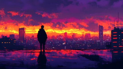 Fototapeta premium Wide shot of a lone figure silhouetted against a cityscape at twilight, with vibrant orange and purple hues in the sky.