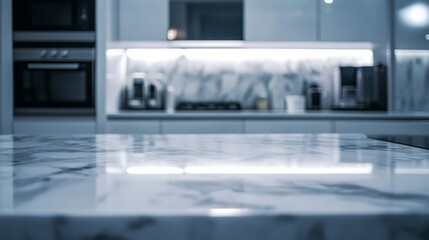 Marble table in a white modern kitchen with built-in cabinets and countertop. generative ai