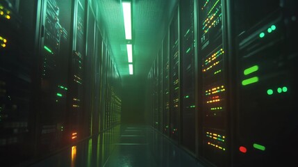 Data center operations high-tech server room modern facility digital infrastructure low light technological innovation