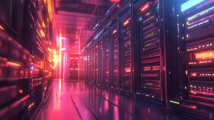 Futuristic data center technology showcase digital realm visual art neon environment ground-level perspective innovation concept