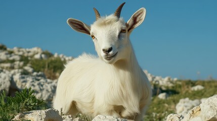 Obraz premium White Goat Standing on Rocky Ground Under Clear Blue Sky