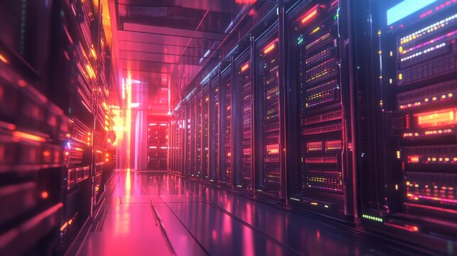 Futuristic data center technology showcase digital realm visual art neon environment ground-level perspective innovation concept