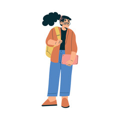 Girl Schoolkid Character with Book and Backpack Standing Vector Illustration