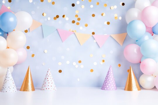 Pastel Party Setup with Cupcake, Balloons, and Polka Dot Party Hats on a Festive Background