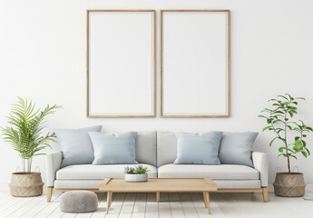 Naklejka premium Minimalist living room interior with a white sofa. two empty frames. a coffee table and two potted plants