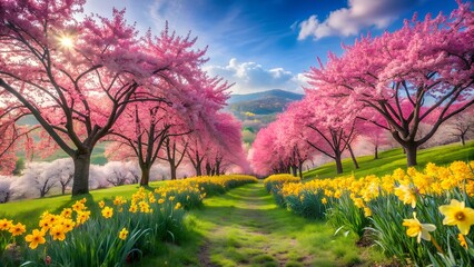 Fototapeta premium Blossoms and Daffodils Adorn a Picturesque Spring Landscape