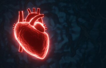 Glowing red human heart on a dark blue background. Heart disease concept. X-ray hologram. 3d-rendering