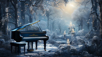 a piano in a winter park and candles around,.   