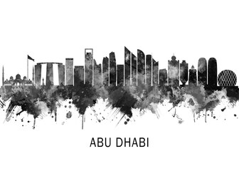 Fototapeta premium Abu Dhabi UAE Skyline BW, landscape watercolor abstract painting print poster Heilongjiang travel illustration urban art modern downtown landmarks