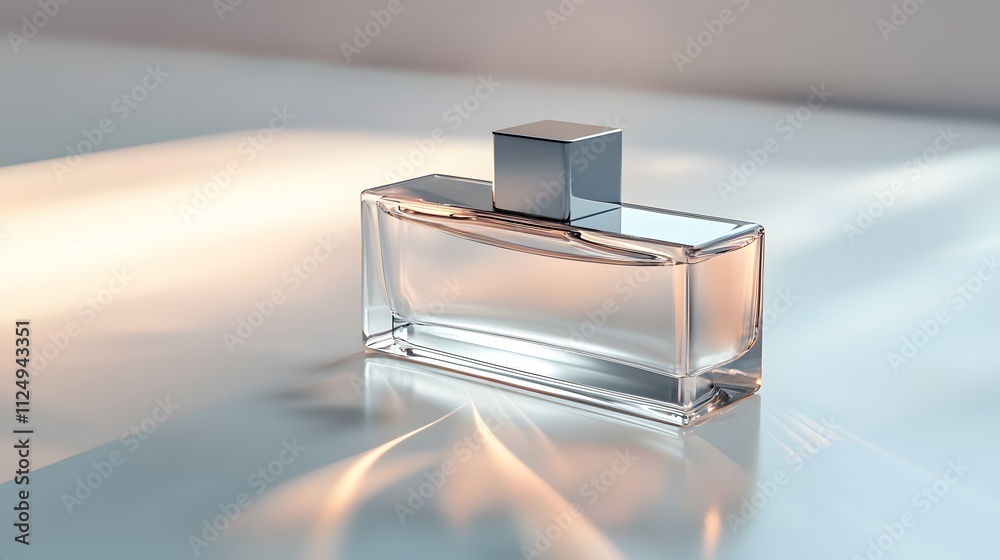 Aufkleber a sleek rectangular perfume bottle with metallic edges, reflecting soft light on a smooth white back