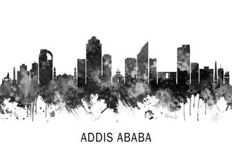 Obraz premium Addis Ababa Ethiopia skyline BW, landscape watercolor abstract painting print poster Heilongjiang travel illustration urban art modern downtown landmarks