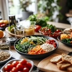 Colorful vegan feast with fresh vegetables, fruits, and grains on a wooden table.