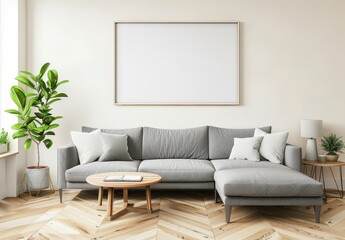 Modern living room interior with a grey sectional sofa. coffee table. and a large blank canvas