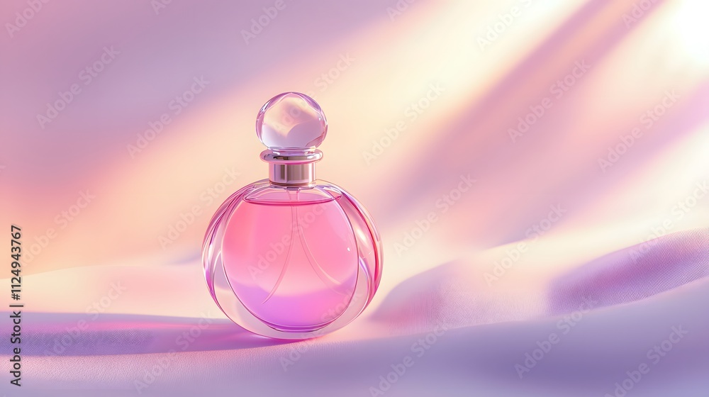 Poster a perfume bottle with a gradient pink hue, placed on a smooth white surface, with soft lighting enha