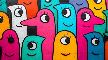 Vibrant Whimsical Graffiti: A Colorful Display of Playful Characters with Humorous Expressions. National Humor Month Concept